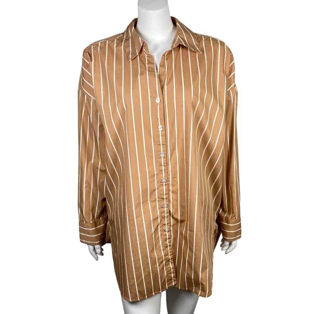J.Jill Oversized Button Up Blouse Shirt Size 2X Brown Striped 3/4 Sleeves